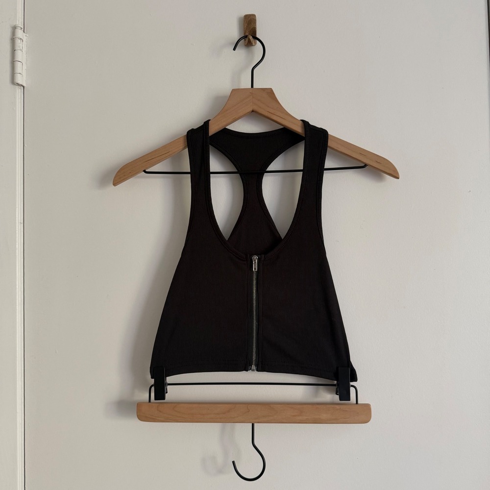 Black Ribbed Zip Front Racerback Crop Top Festival Goth Punk Emo Streetwear